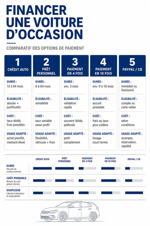Paiement en plusieurs fois voiture occasion : comparatif visuel des solutions de financement