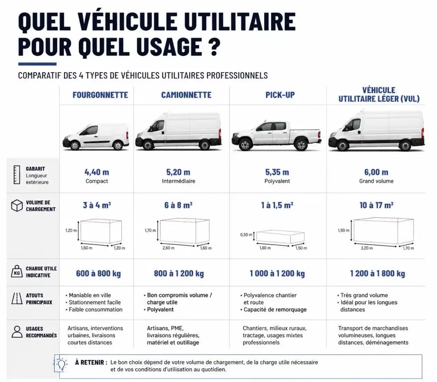 Comparatif des véhicules utilitaires pour mandataire auto utilitaire : fourgonnette, camionnette, pick-up et VUL
