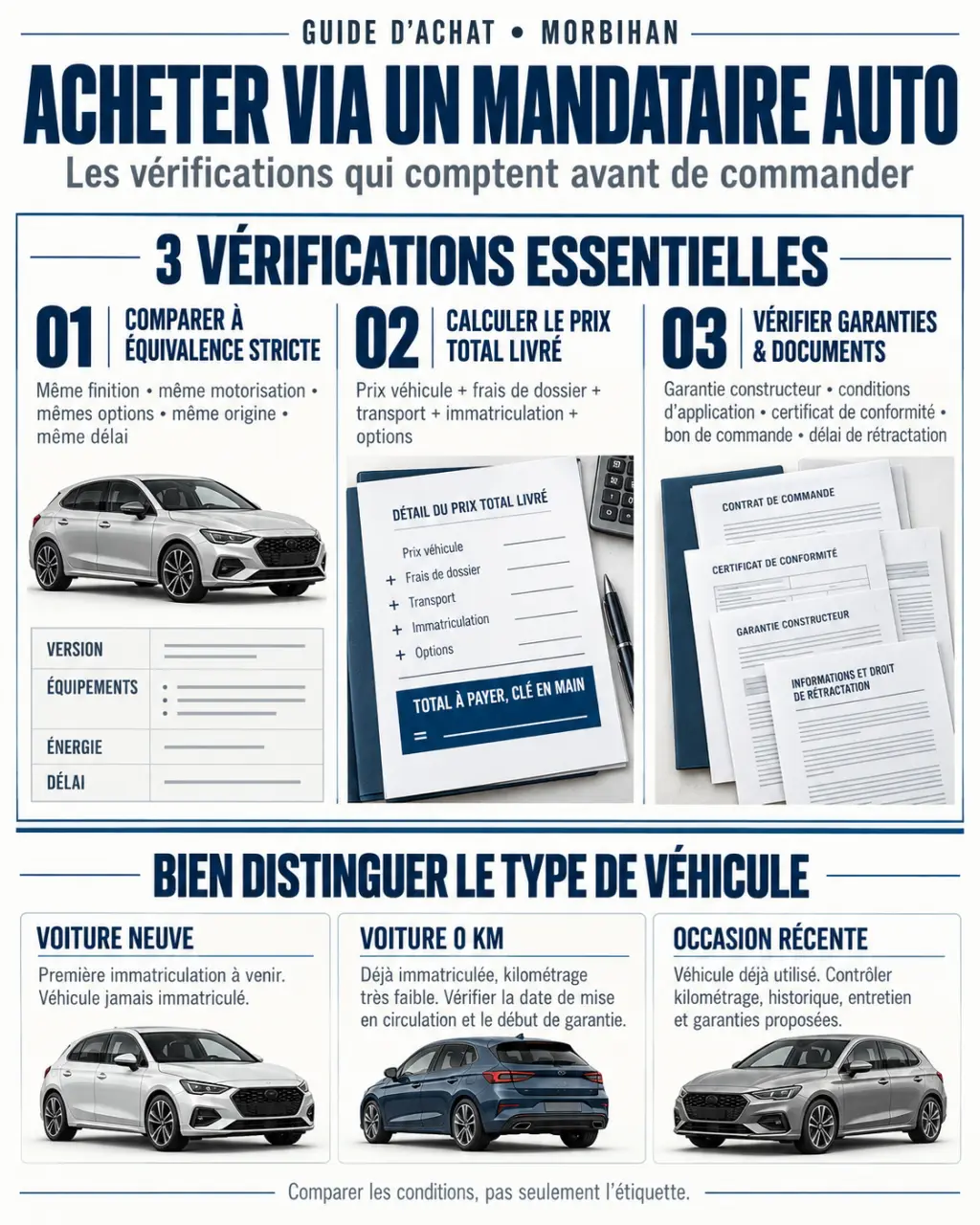 Mandataire auto dans le Morbihan : infographie pour comparer le prix total, la livraison et les garanties
