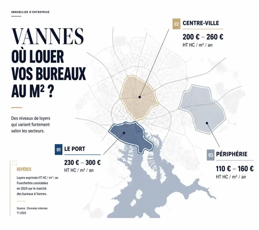 Carte des quartiers pour la location bureaux Vannes avec prix au m² par zone