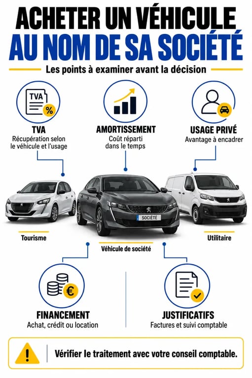 Infographie acheter voiture societe : différences entre véhicule de tourisme, utilitaire, fiscalité et financement