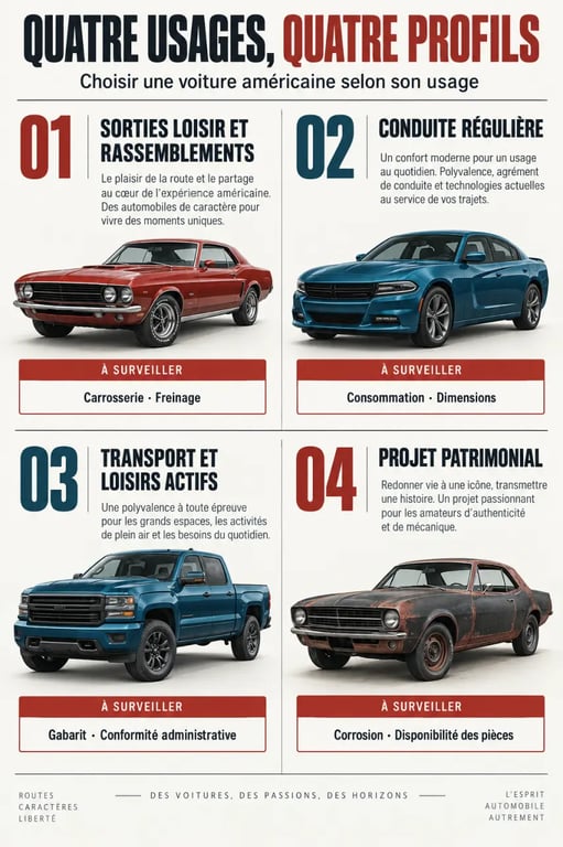 Infographie sur les voitures américaines selon l’usage et les points de vigilance