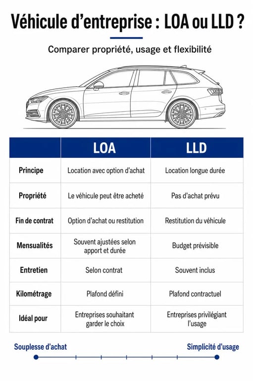 Comparatif visuel entre LOA et LLD pour le leasing auto entreprise