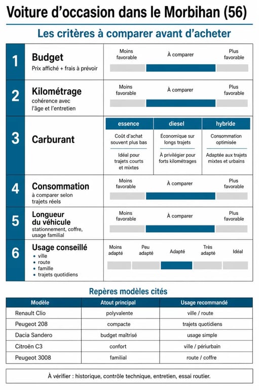 Infographie occasion voiture 56 avec critères de choix, prix repères et dimensions utiles