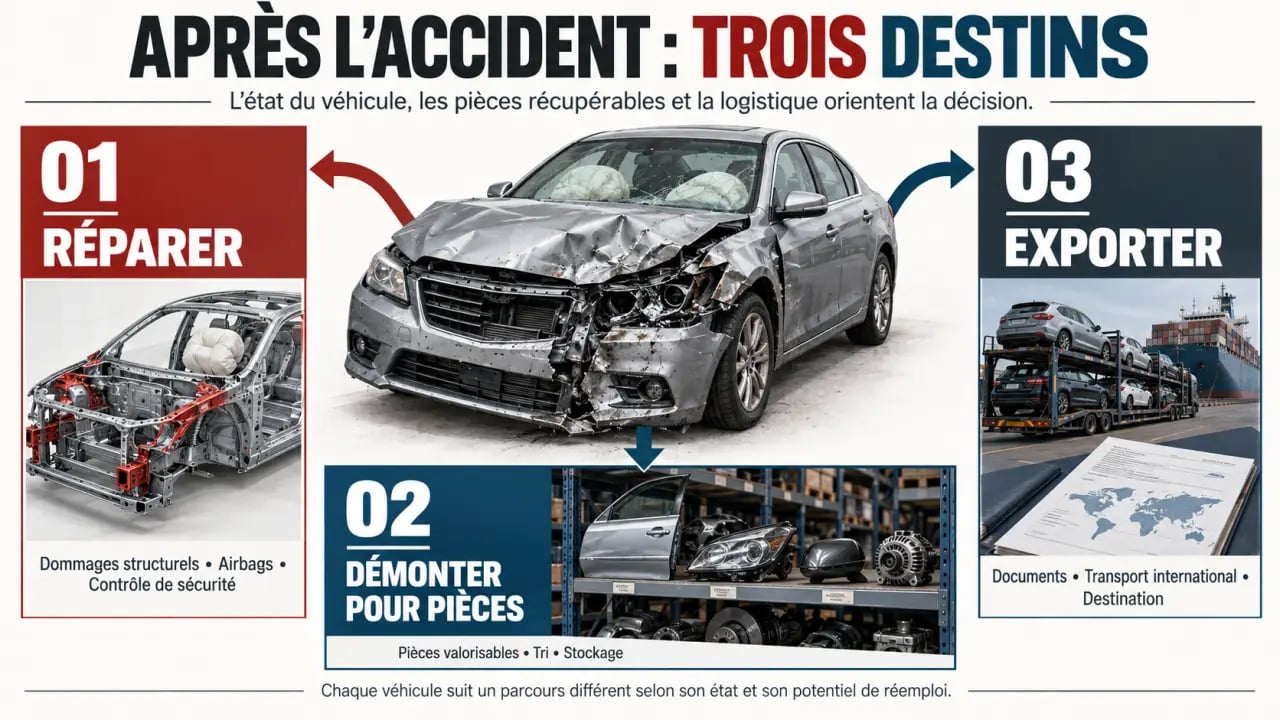 Achat voiture accidentée : choisir entre réparation, démontage pour pièces et export
