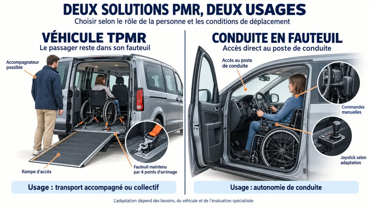 Infographie comparant les solutions de voiture PMR pour handicapé : véhicule TPMR et conduite en fauteuil