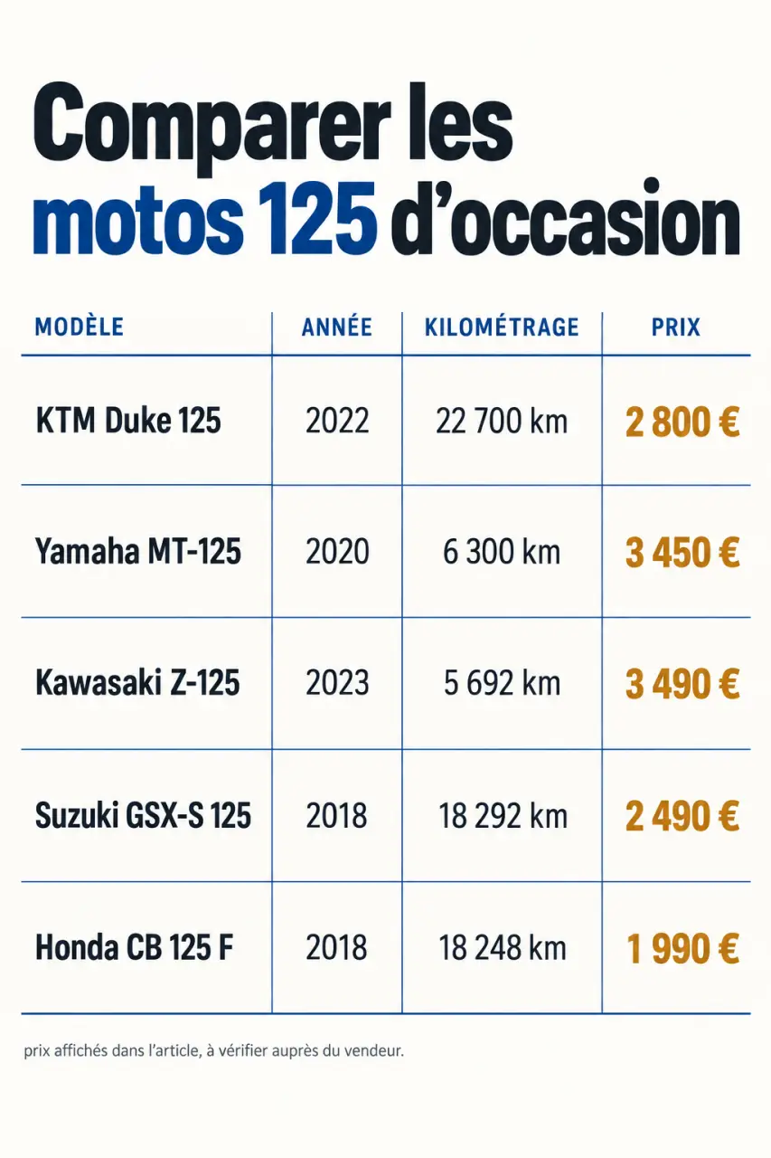 Infographie comparative de motos 125 d’occasion dans le Morbihan avec prix, années et kilométrages