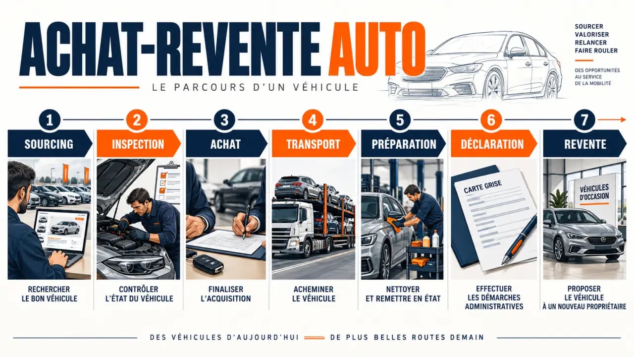 Parcours visuel d'une activité d'achat revente voiture, du sourcing à la vente