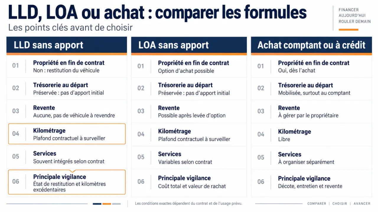 Infographie comparative sur l’offre de location longue durée sans apport, la LOA et l’achat automobile