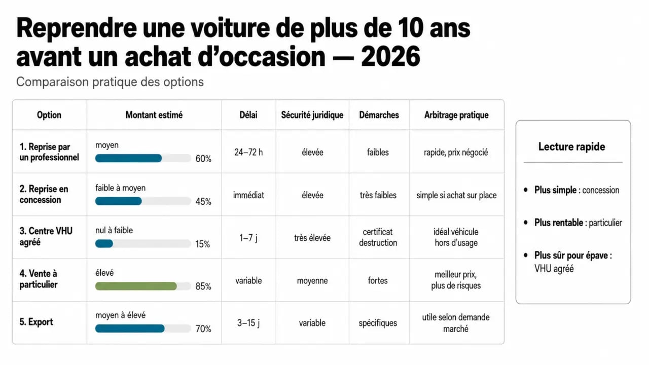 Reprise voiture plus de 10 ans pour achat occasion 2026 : comparaison visuelle des solutions de reprise