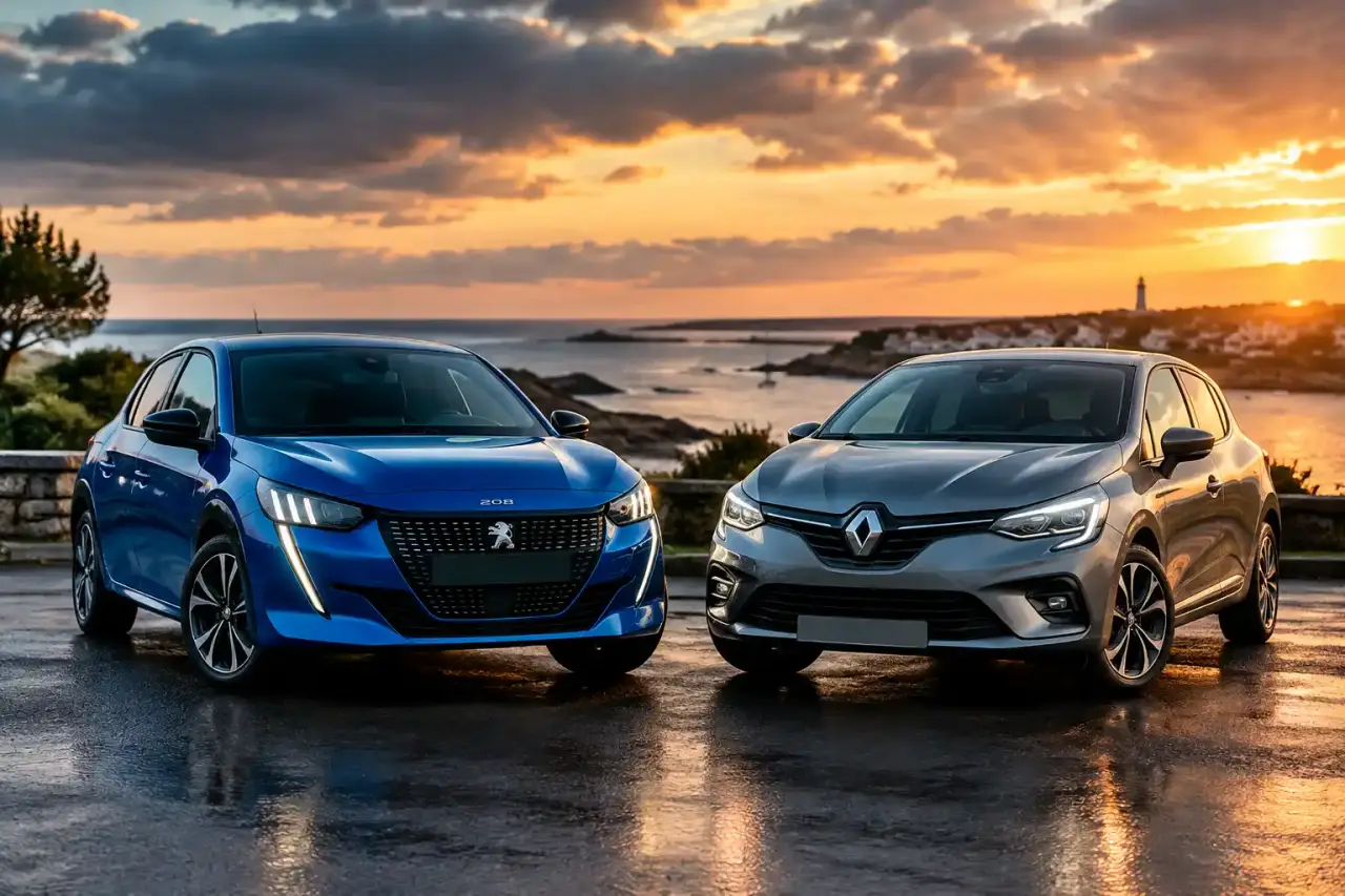 Peugeot 208 et Renault Clio d’occasion comparées sur un parking automobile