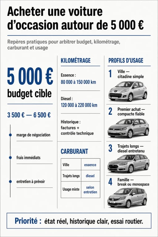 Voiture occasion 5000 euros : infographie comparative des modèles, kilométrages et motorisations à privilégier