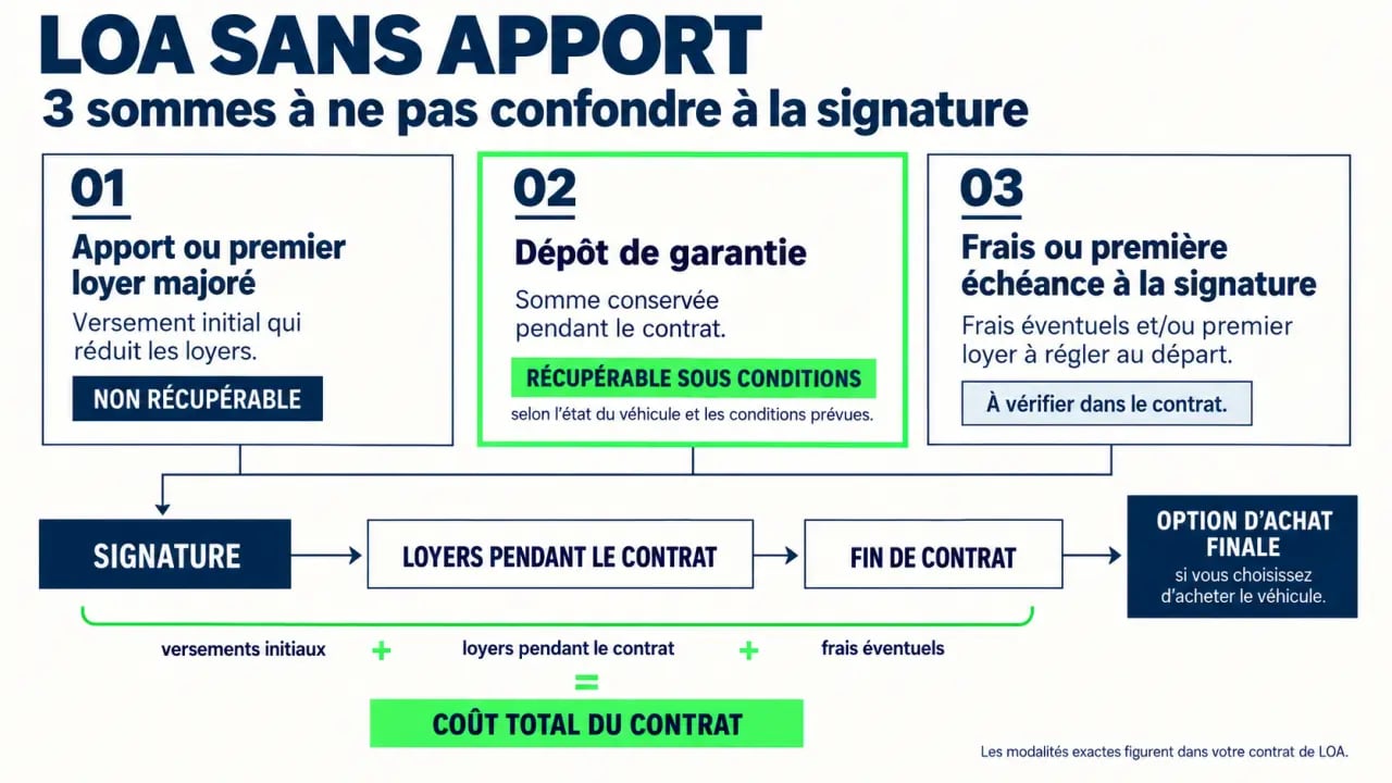 Infographie sur une voiture électrique en LOA sans apport et les sommes à payer à la signature