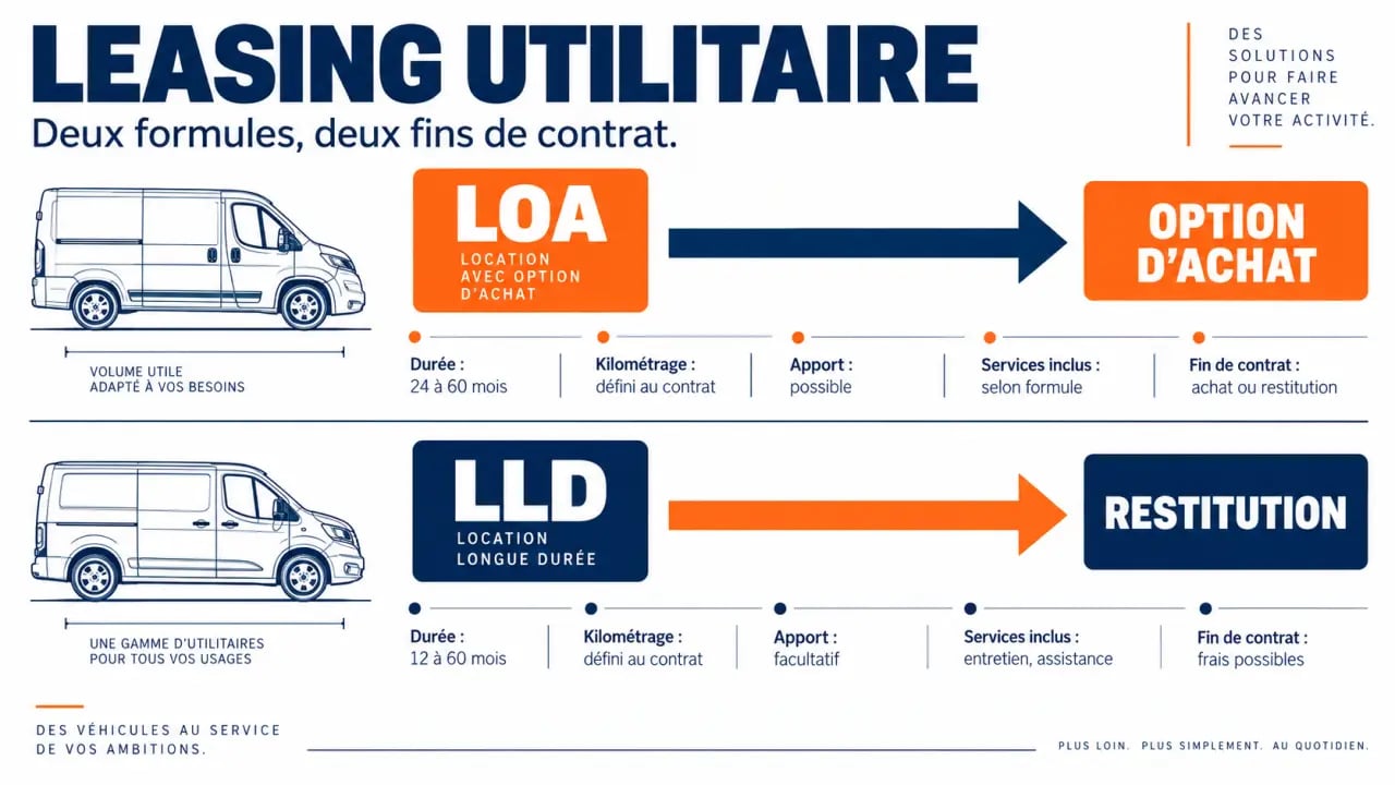 Leasing utilitaire : comparaison visuelle entre LOA avec option d'achat et LLD avec restitution